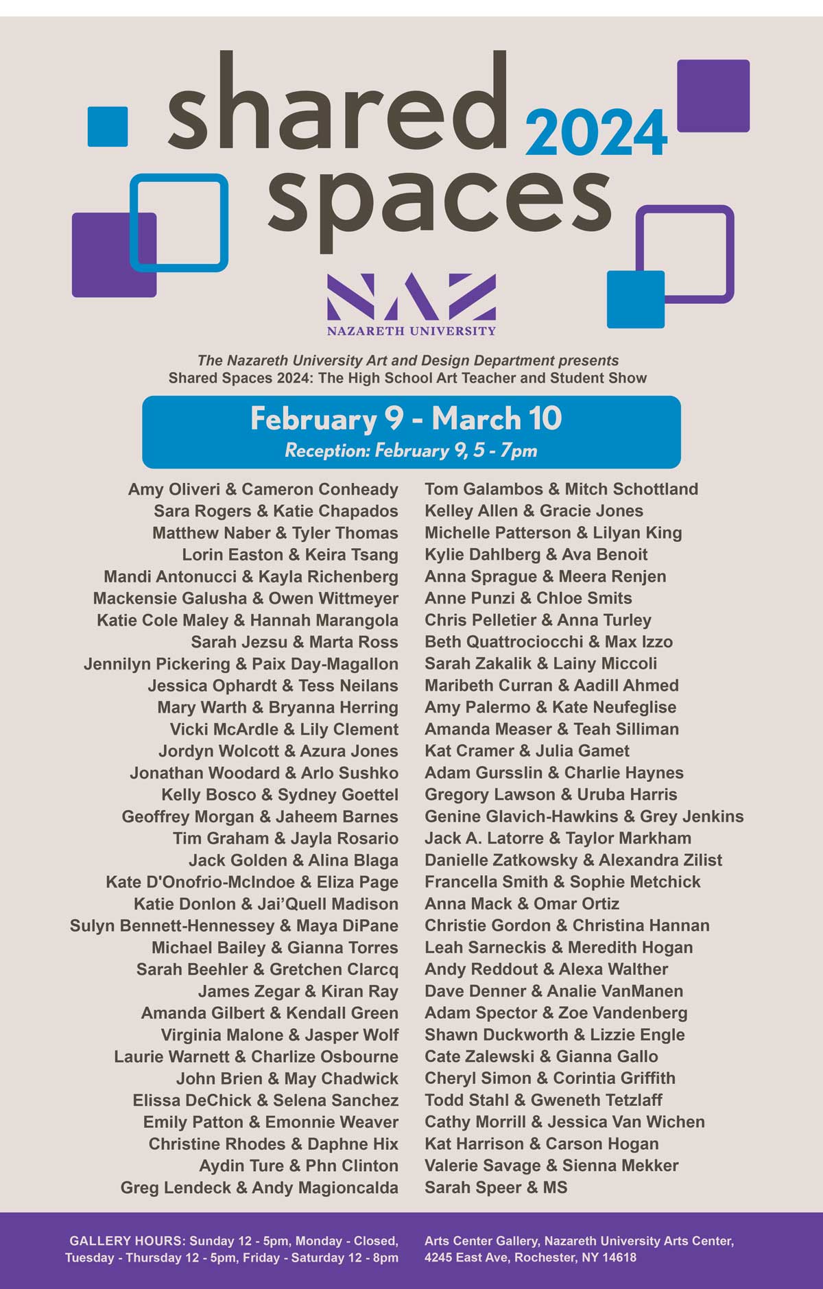 Shared Spaces poster, listing dozens of pairs of participants